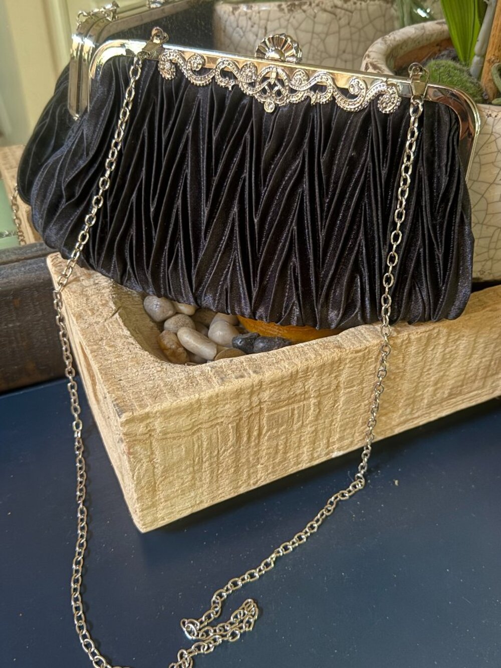 Silver and Black Pleated Satin Clutch